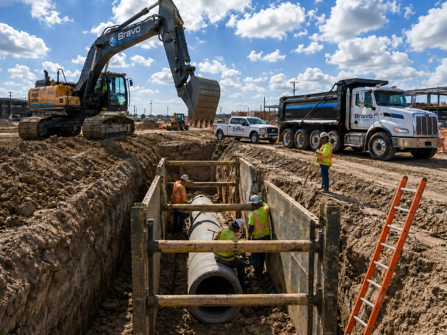 Excavator, dump truck, and crew working around a shored large-pipe installation