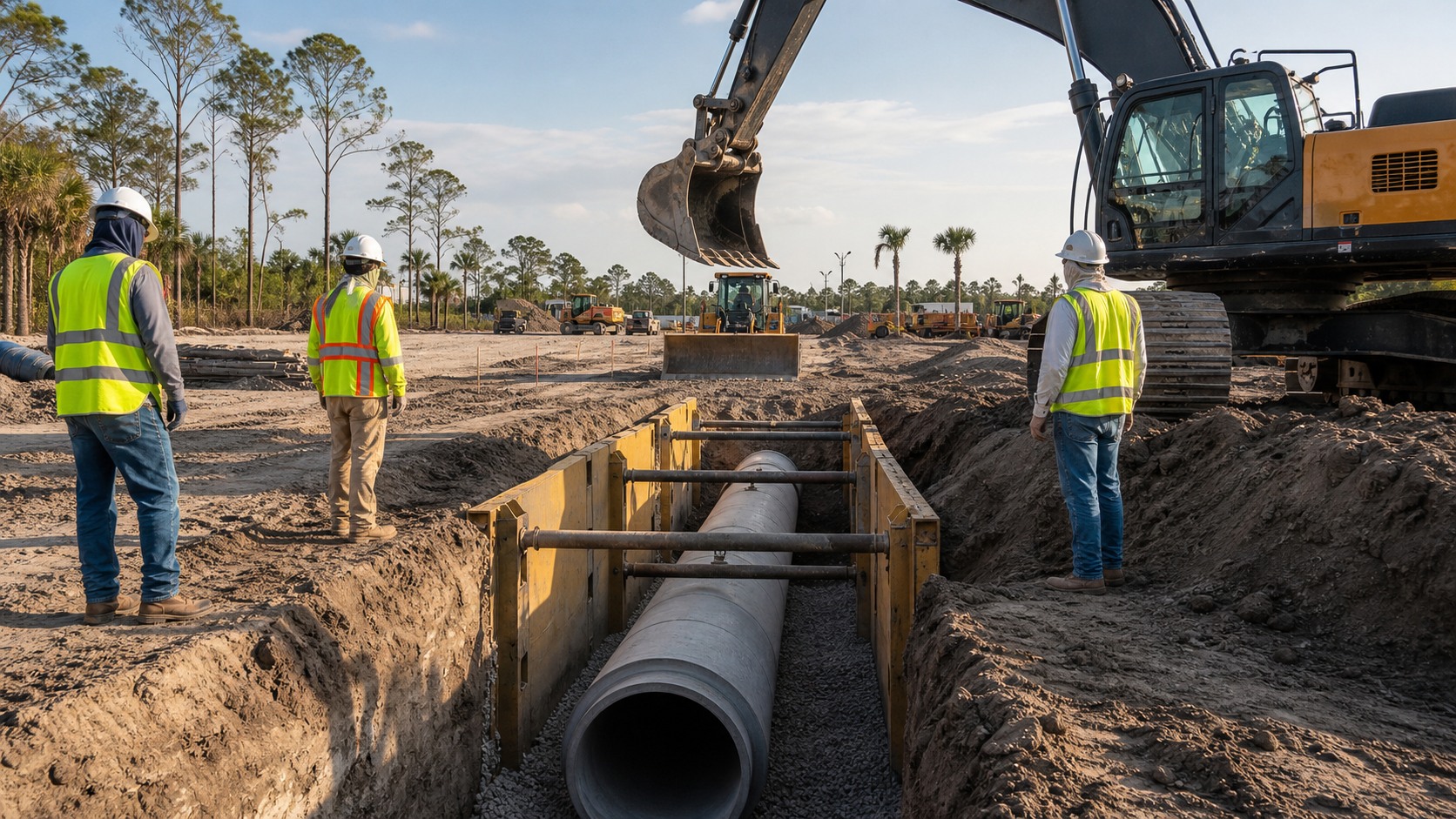 Utility crew coordinating pipe installation beside a shored trench on a Southwest Florida site